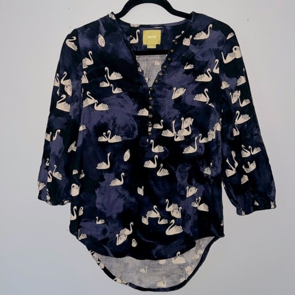 Anthropologie Bethesda Blue Top By Maeve Swan Print Brushed Cotton Size XS